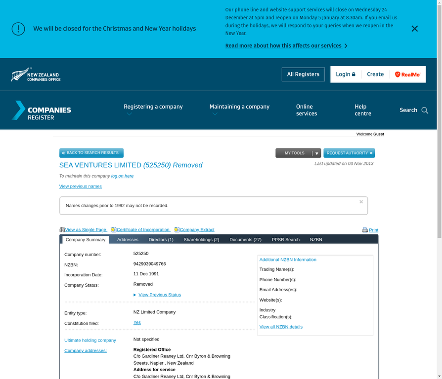 Sea Ventures Limited - Company Record